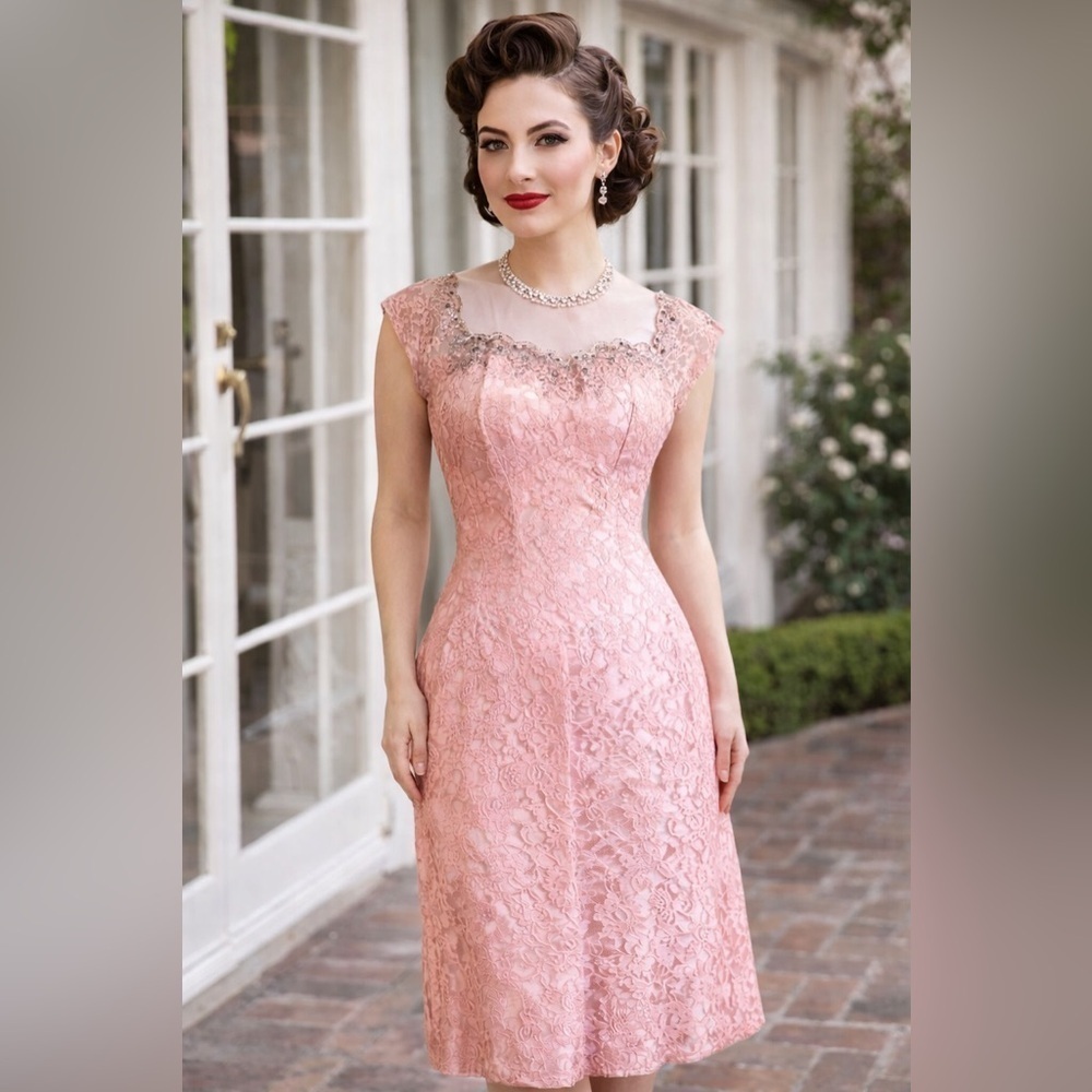 Vintage 1950s Womens Cocktail Dress XS S Gaile Modes Pink Lace Illusion Neckline